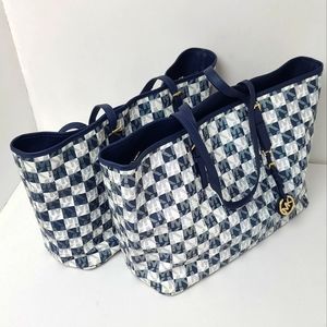 Michael Michael Kors Jet Set Multi Function Navy Blue White Checkered Tote